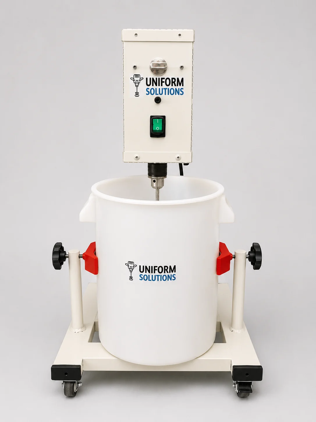 Liquid Mixing Machine — front view with the drum clamped in the frame